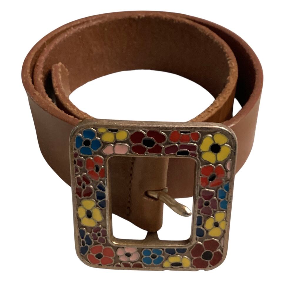 Vntg 90’s Gap tan genuine leather buckle cloisonné-style enamel flowers size 26 - Picture 2 of 5